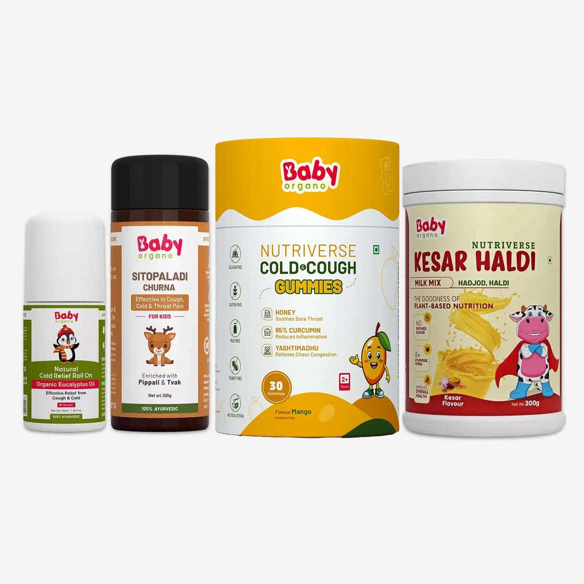 Cold Wellness Combo for Kids | Cold & Cough Gummies + Sitopaladi Churna + Cold Roll-On + Kesar Haldi Milk Mix