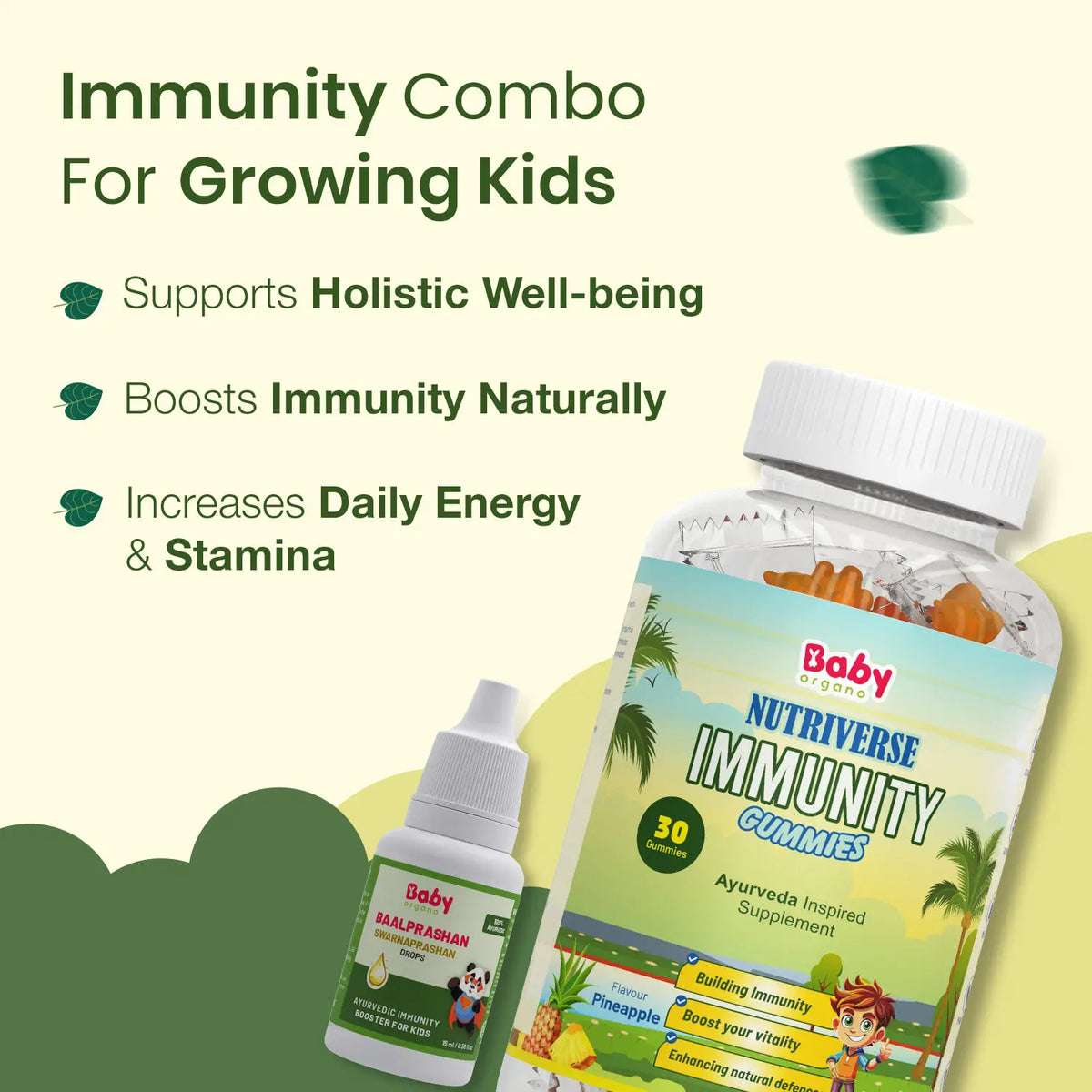 Natural Immunity Essentials for Kids | Nutriverse Immunity Gummies (30 Gummies/Pack) + Baalprashan Suvarnaprashan Drops