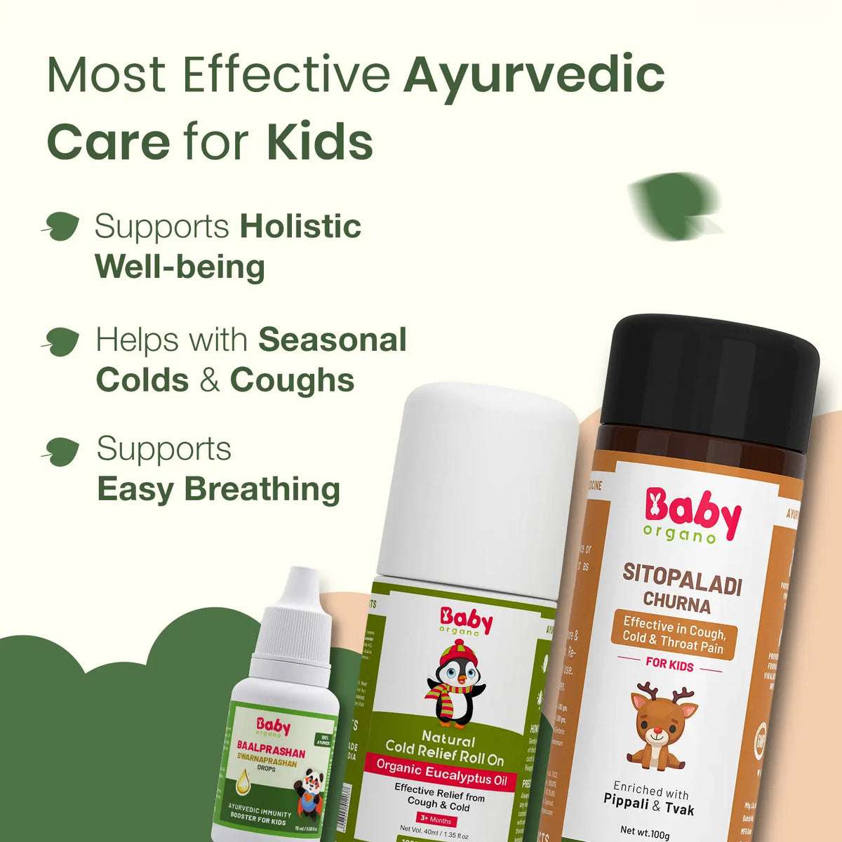 Cold & Cough Defense Combo for Kids | Suvarnaprashan Drops + Natural Cold Relief Roll-On + Sitopaladi Churna
