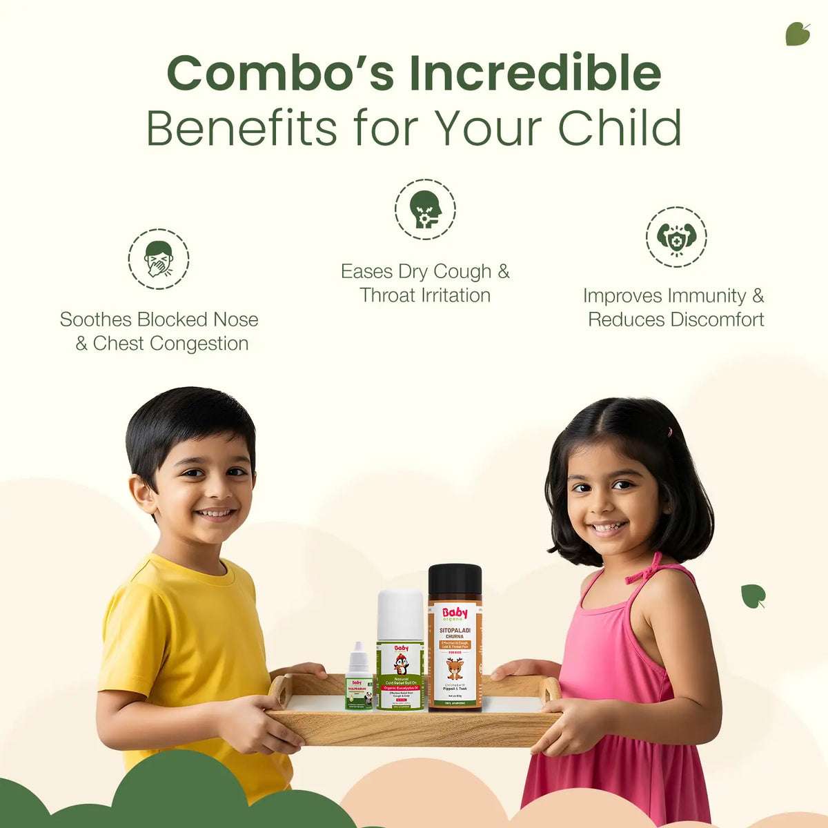 Cold & Cough Defense Combo for Kids | Suvarnaprashan Drops + Natural Cold Relief Roll-On + Sitopaladi Churna