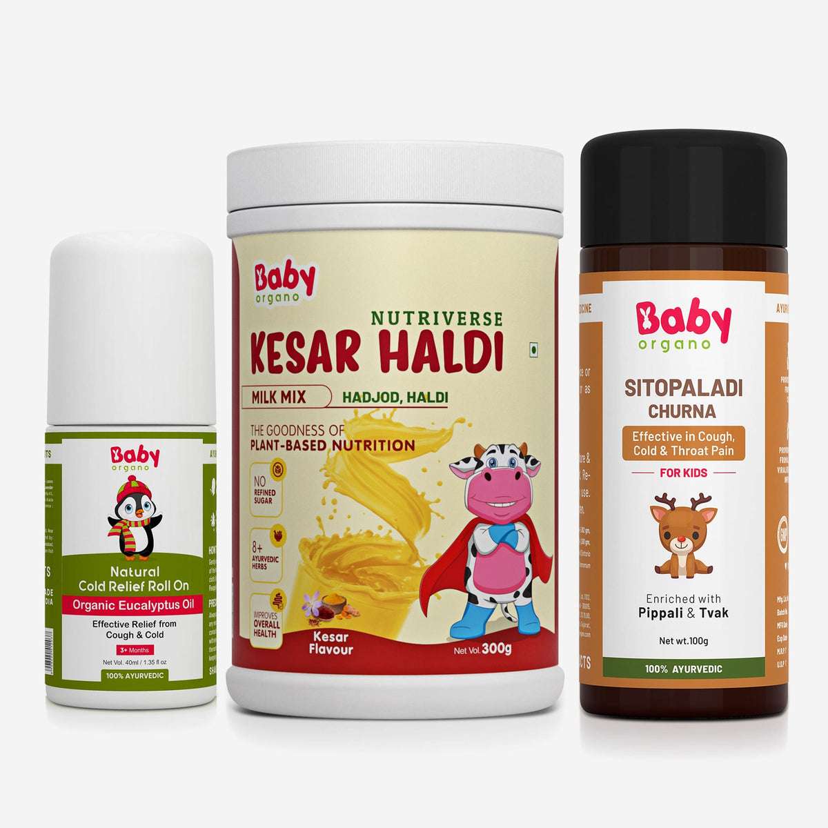 Cold Relief & Immunity Booster Combo for Kids | Kesar Haldi Milk Mix + Sitopaladi Churna + Natural Cold Relief Roll-On