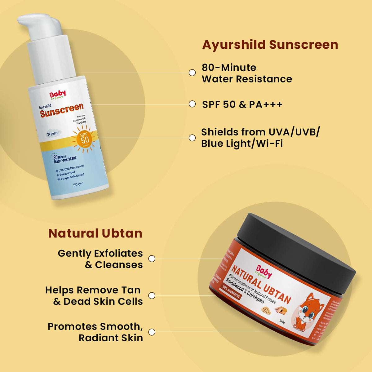 Nature’s Shield & Shine Skin Care Combo for Kids | Ayurshild Sunscreen + Natural Ubtan