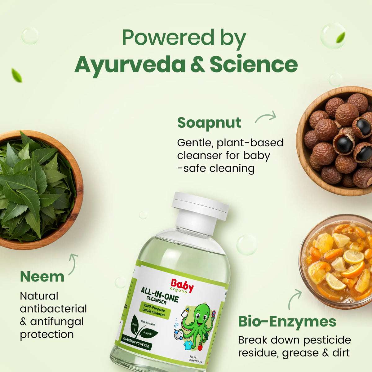 Ayurvedic baby liquid cleanser enriched with bio-enzymes, neem, and soapnut.
