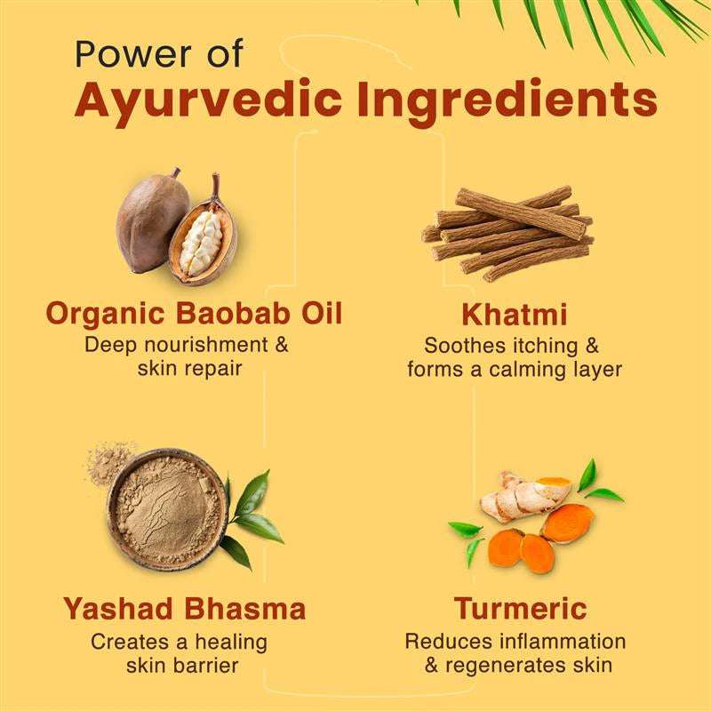 Baby Rash Cream with Ayurvedic Ingredients – Organic Baobab Oil for nourishment, Khatmi for soothing, Yashad Bhasma for skin barrier, Turmeric for healing