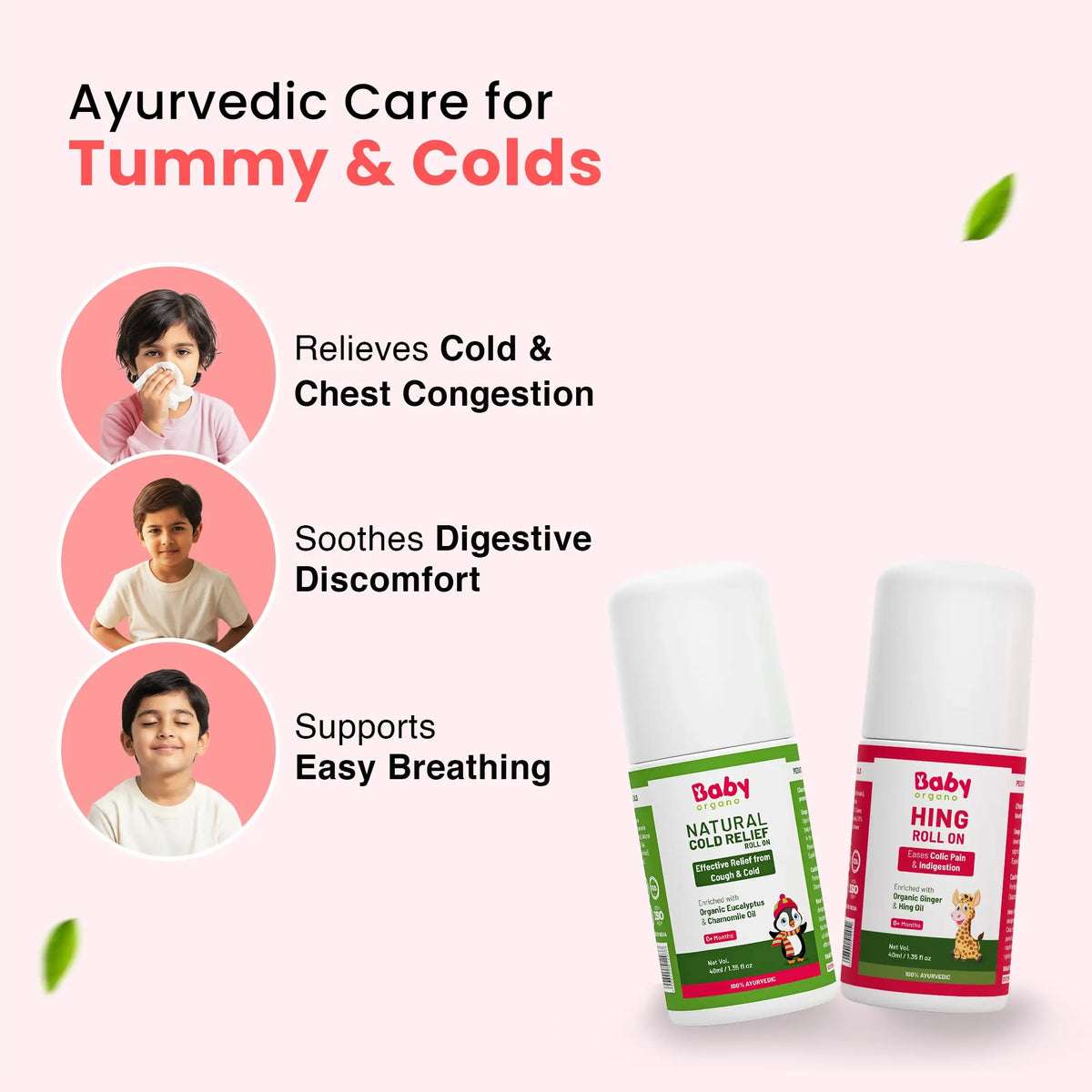 Kid’s Cough & Colic Roll-On Combo for Kids | Natural Cold Relief Roll-On (40ml) + Hing Roll-On (40ml)