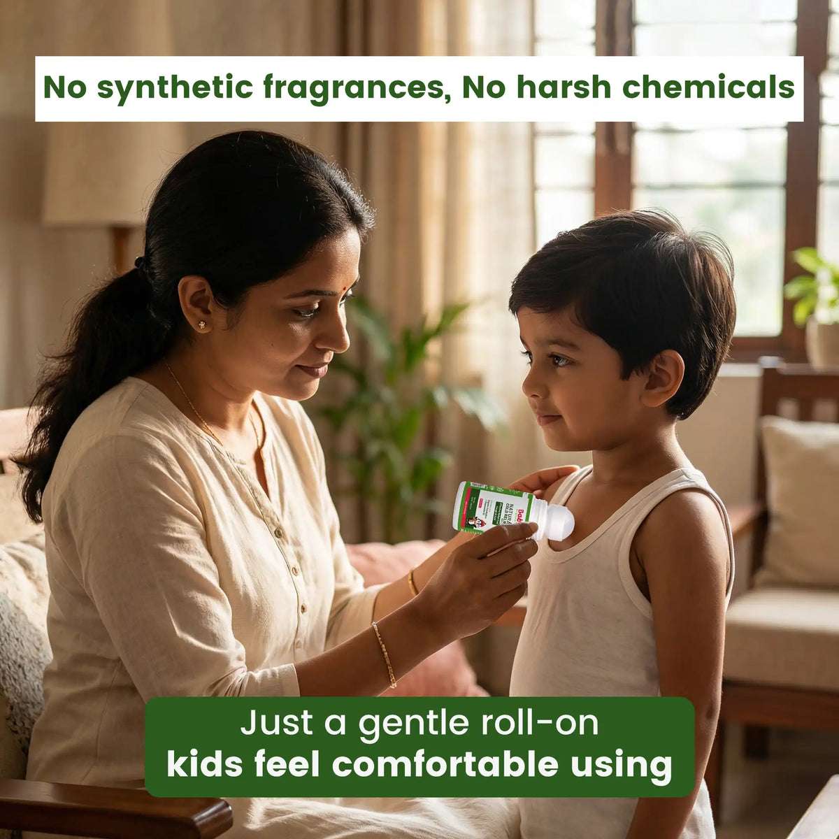 Mother applying Ayurvedic Natural Cold Relief Roll On to a child's chest, demonstrating the safe and gentle application for kids.