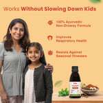 Ayurvedic non-drowsy cough syrup for kids – improves respiratory health and protects against seasonal illnesses.