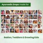 A collage of babies, toddlers, and growing kids happily using BabyOrgano Ayurvedic Swarnaprashan immunity booster drops.