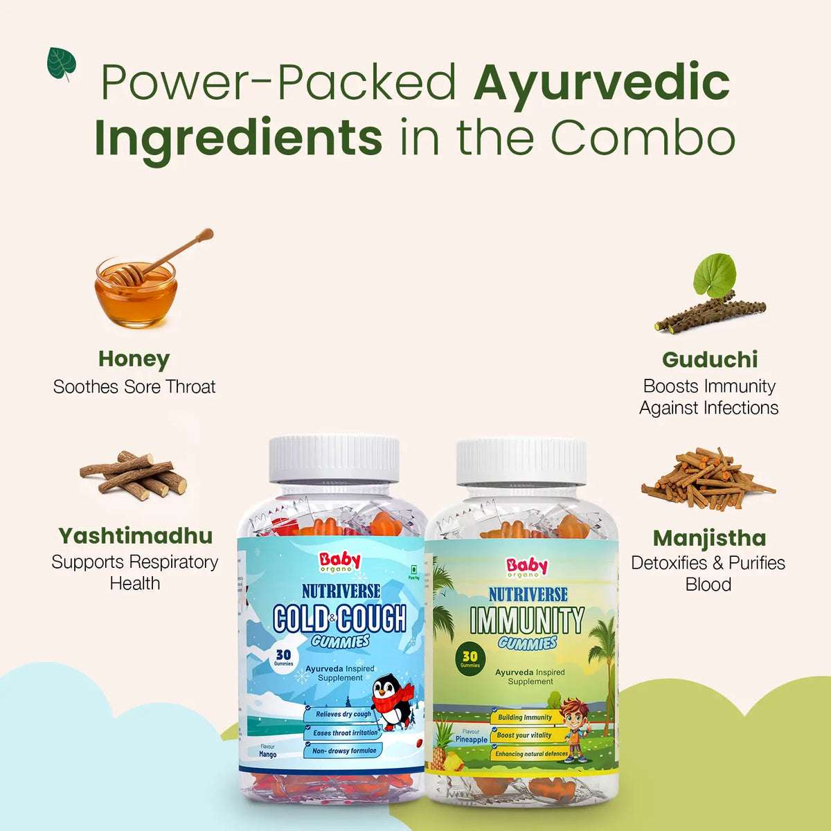 BabyOrgano Cold and Cough Gummies with Honey, Yashtimadhu, Guduchi, and Manjistha for kids’ immunity and respiratory health.