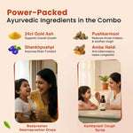 Power-packed Ayurvedic ingredients in the immunity combo including 24ct Gold Ash for growth, Shankhpushpi for brain function, Pushkarmool for cough, and Amba Haldi for congestion.