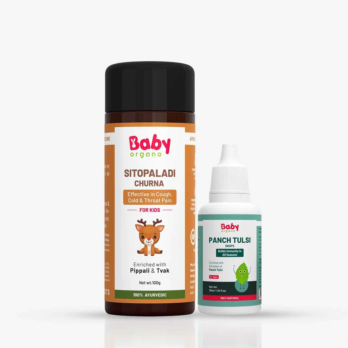 Ayurvedic immunity and cold relief combo for kids featuring Baby Organo Sitopaladi Churna and natural Panch Tulsi Drops
