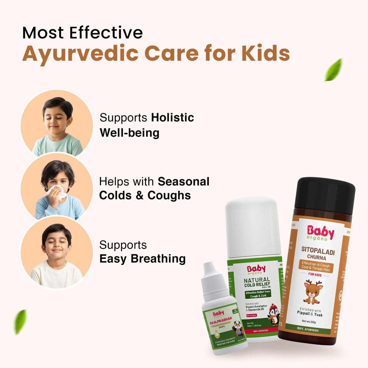 Cold & Cough Defense Combo for Kids | Suvarnaprashan Drops + Natural Cold Relief Roll-On + Sitopaladi Churna