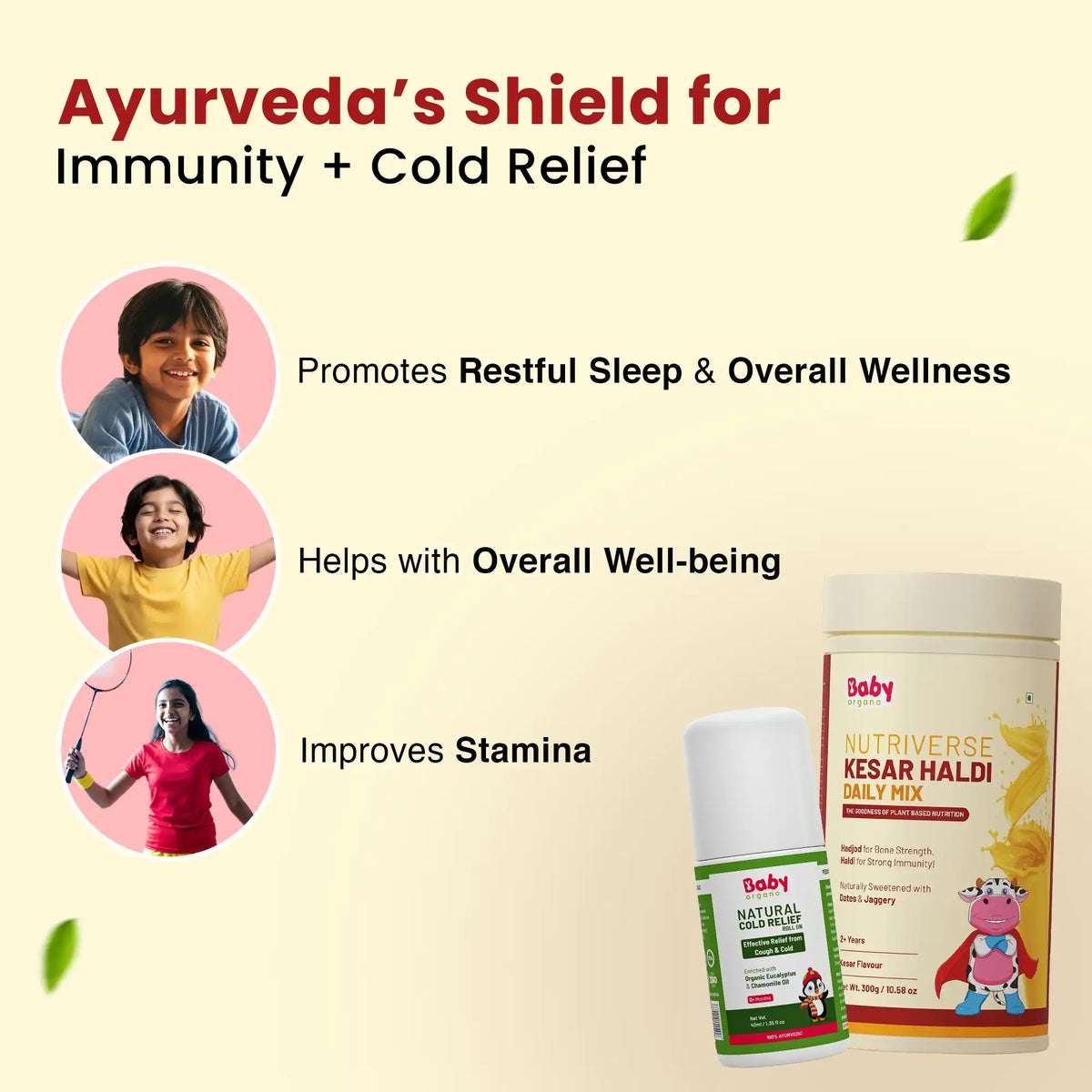 Immunity, Growth & Cold Relief Combo for Kids| Nutriverse Kesar Haldi Milk Mix + Natural Cold Relief Roll-On