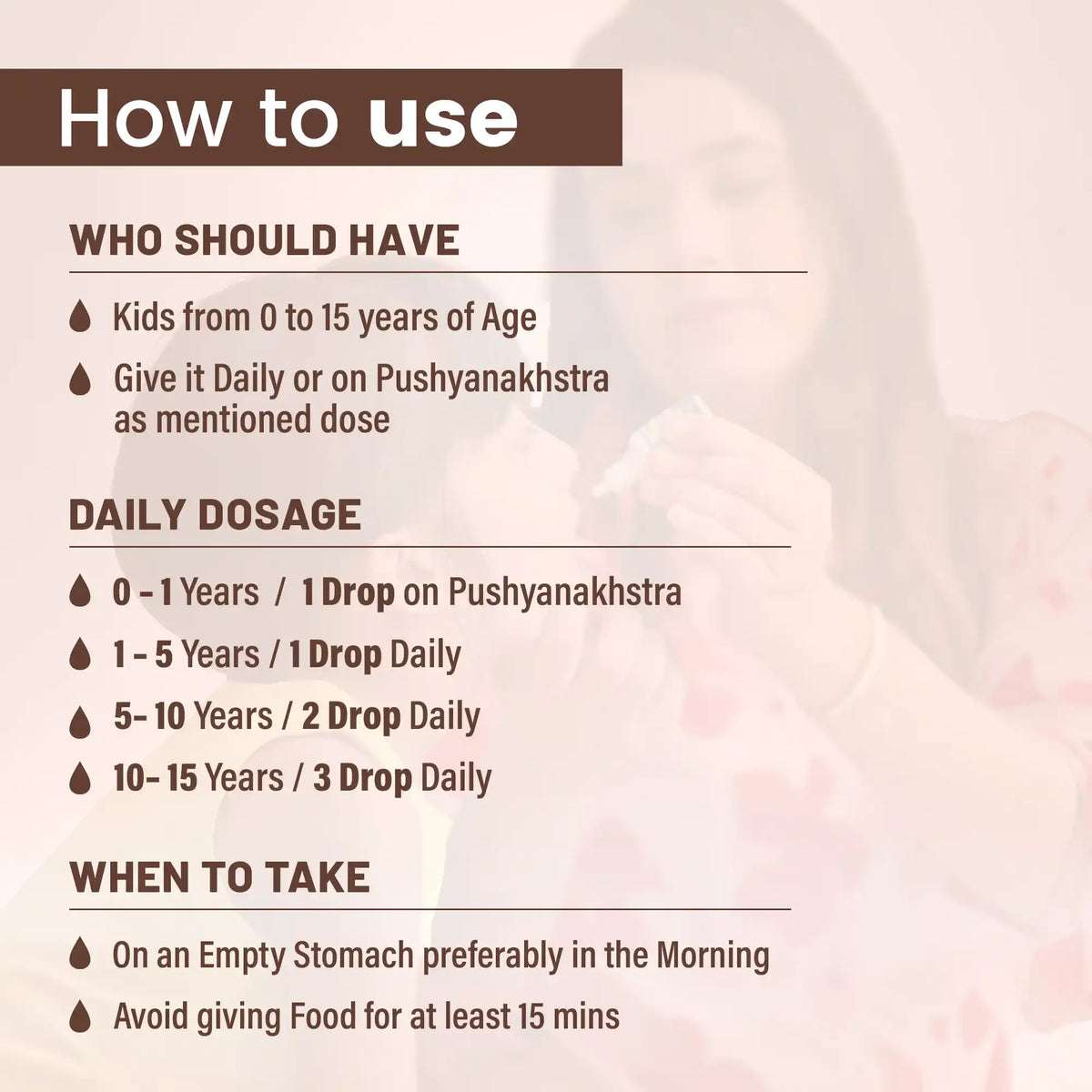 Dosage instructions for Baalprashan Swarnaprashan drops for kids aged 0 to 15 years.