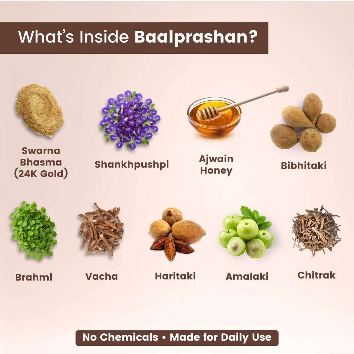 Natural ingredients of swarnaprashan including 24K Gold Swarna Bhasma, Shankhpushpi, Brahmi, and Ajwain Honey.