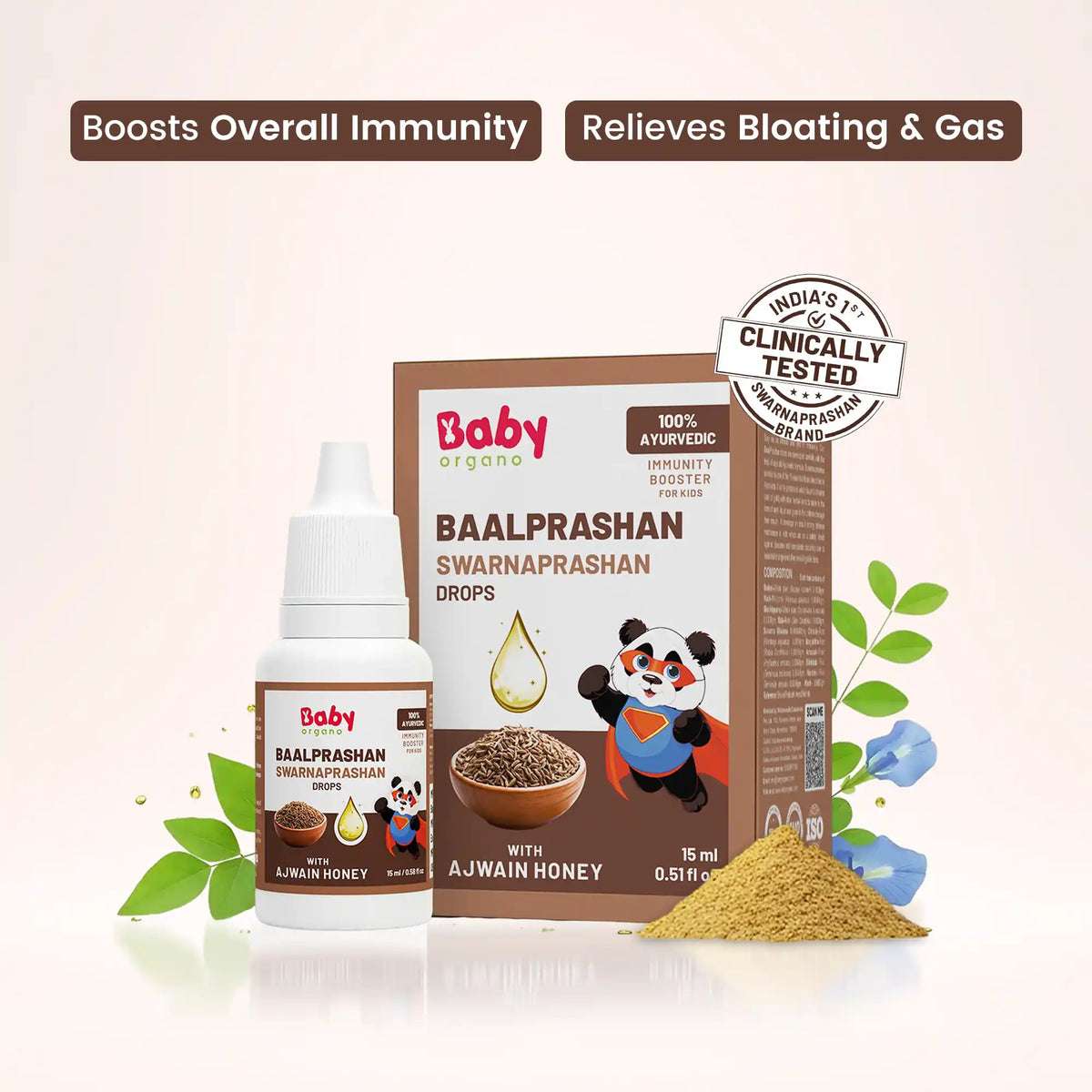BabyOrgano Baalprashan Swarnaprashan Drops with Ajwain Honey for kids immunity and digestion.