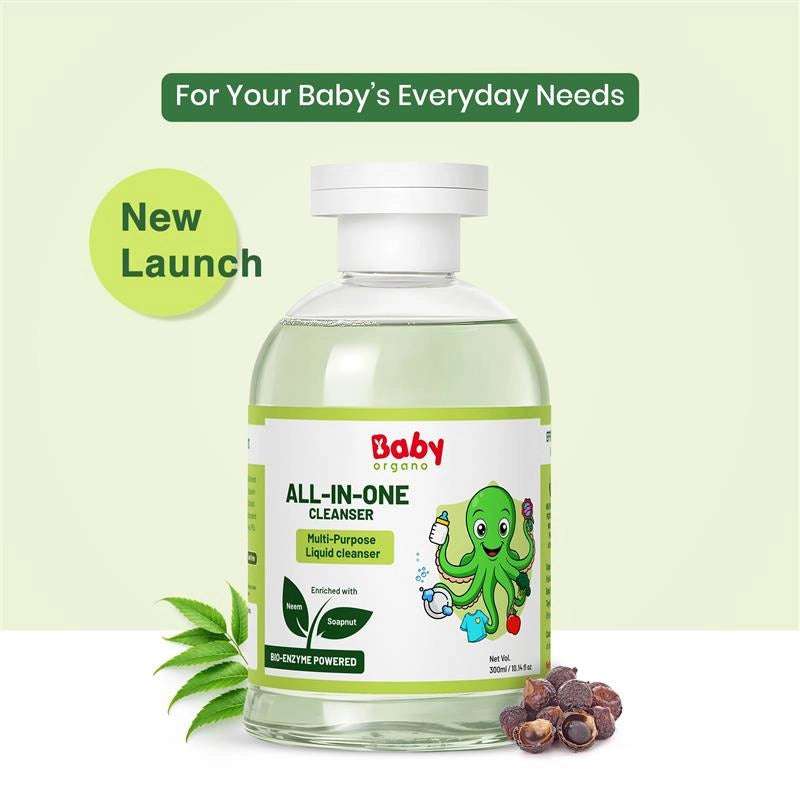 Natural baby liquid cleanser bottle with neem and soapnut ingredients.