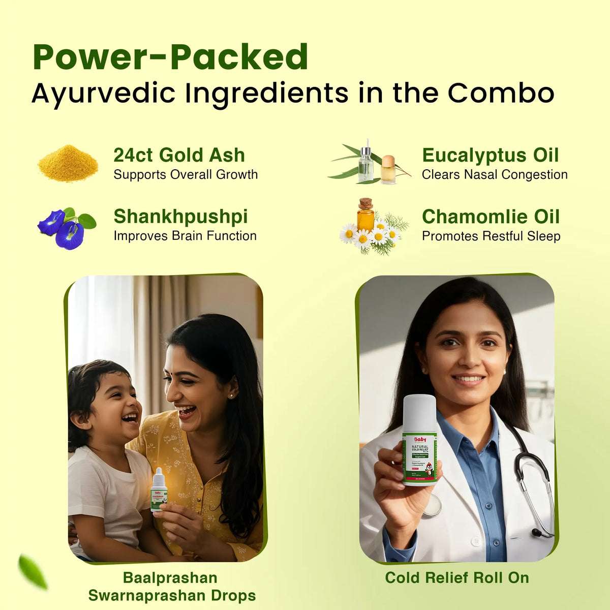 BabyOrgano Ayurvedic ingredients in cold and immunity combo - 24CT gold ash, eucalyptus oil, chamomile oil, and shankhpushpi for kids