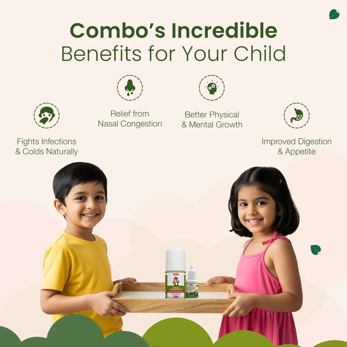 BabyOrgano combo benefits for kids - fights infections, relieves nasal congestion, improves growth, digestion, and appetite