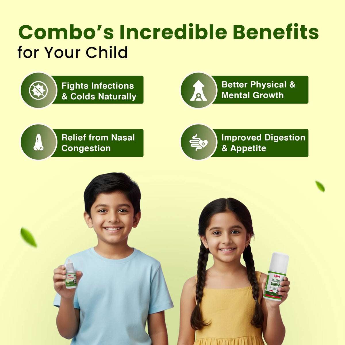 BabyOrgano combo benefits for kids - fights infections, relieves nasal congestion, improves growth, digestion, and appetite