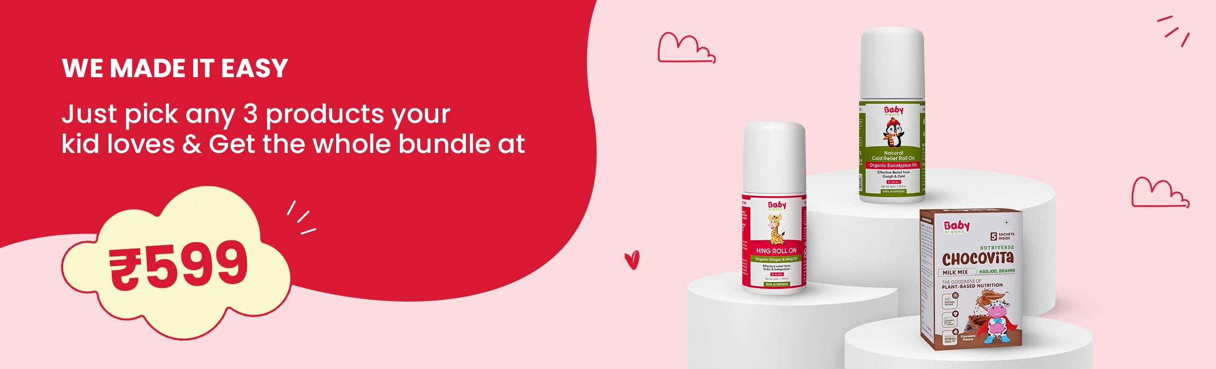 BabyOrgano ₹599 Combo Deal with Hing Roll-On, Cold Relief Roll-On, and Chocovita Milk Mix for Kids - Select Any 3