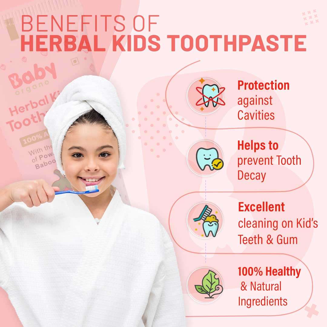 BabyOrgano Ayurvedic Toothpaste for Kids | Babool, Mulethi & Other Useful Herbs | Strawberry Flavour, Fluoride Free, SLS Free, 100% Ayurvedic, FDCA Approved