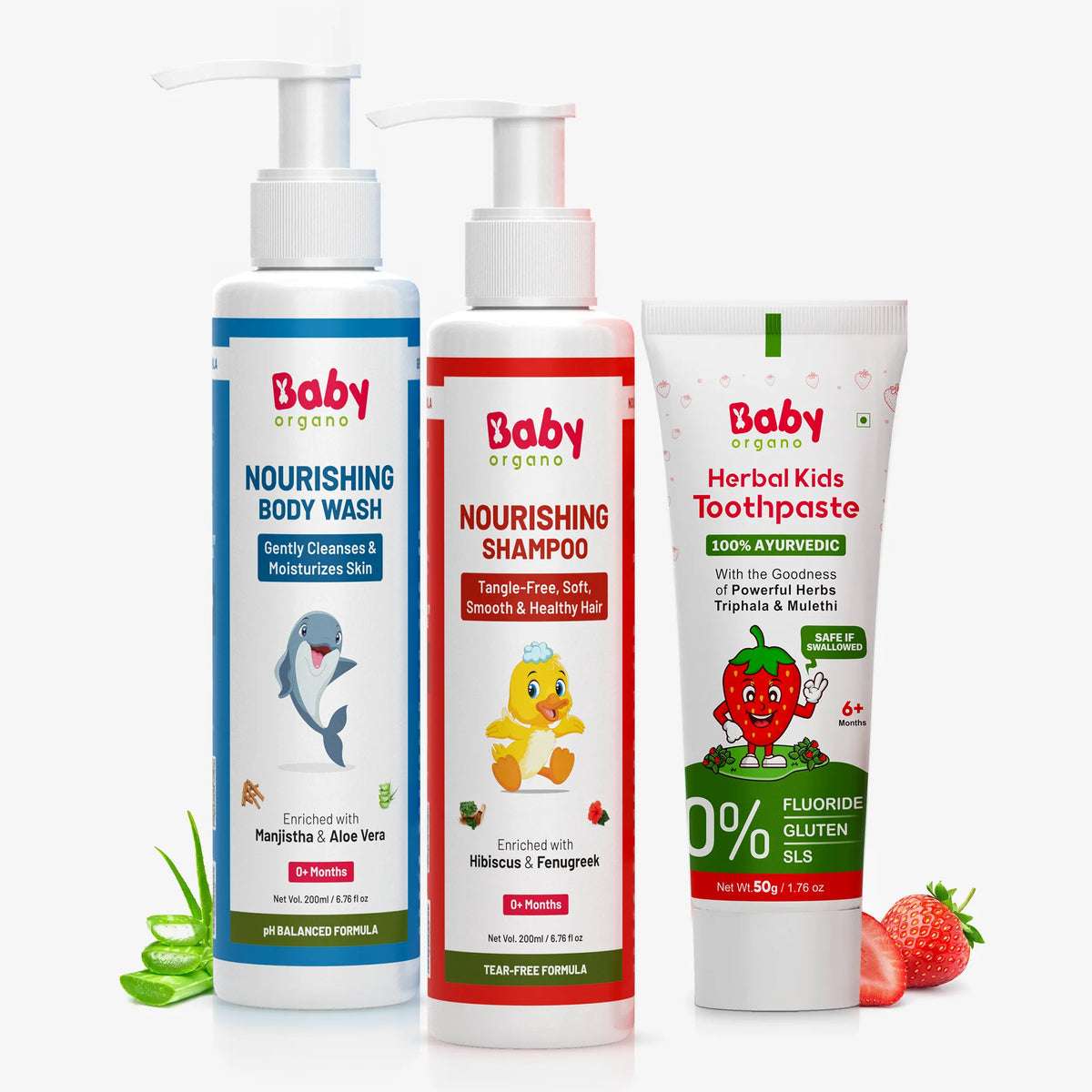 BabyOrgano kids care bundle including pH-balanced Nourishing Body Wash, Tangle-free Nourishing Shampoo, and 100% Ayurvedic Strawberry Herbal Toothpaste safe if swallowed | #flavour_strawberry
