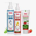 BabyOrgano kids care bundle including pH-balanced Nourishing Body Wash, Tangle-free Nourishing Shampoo, and 100% Ayurvedic Strawberry Herbal Toothpaste safe if swallowed | #flavour_strawberry