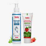 BabyOrgano kids care set including a pH-balanced Nourishing Body Wash and 100% Ayurvedic Herbal Kids Toothpaste in Strawberry flavor, enriched with Triphala and Mulethi | #flavour_strawberry