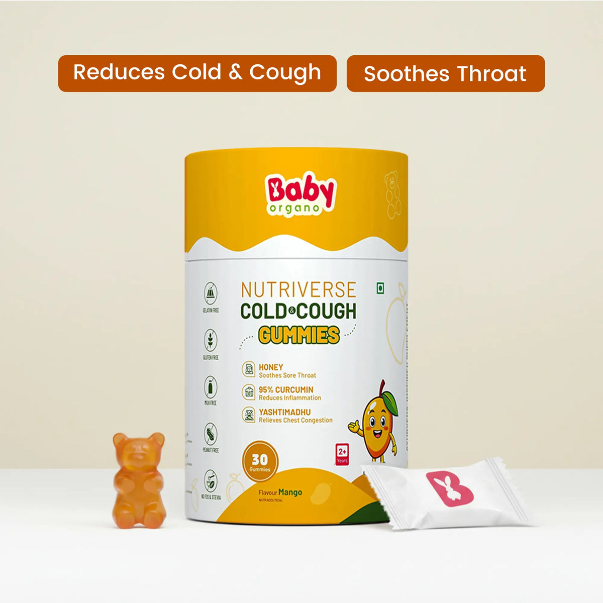 Nutriverse Cold and Cough Gummies bottle displaying benefits for reducing cold and soothing throat for children 2+ years | #flavour_mango