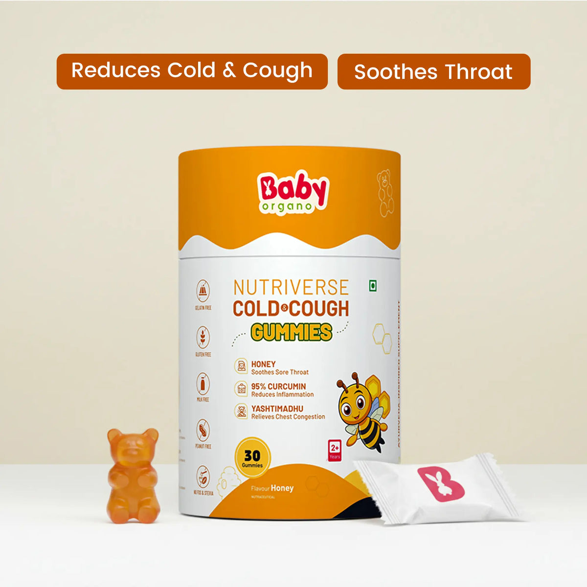 BabyOrgano Nutriverse Cold and Cough Gummies bottle with individual sachet and gummy - Ayurvedic relief for sore throat in kids | #flavour_honey