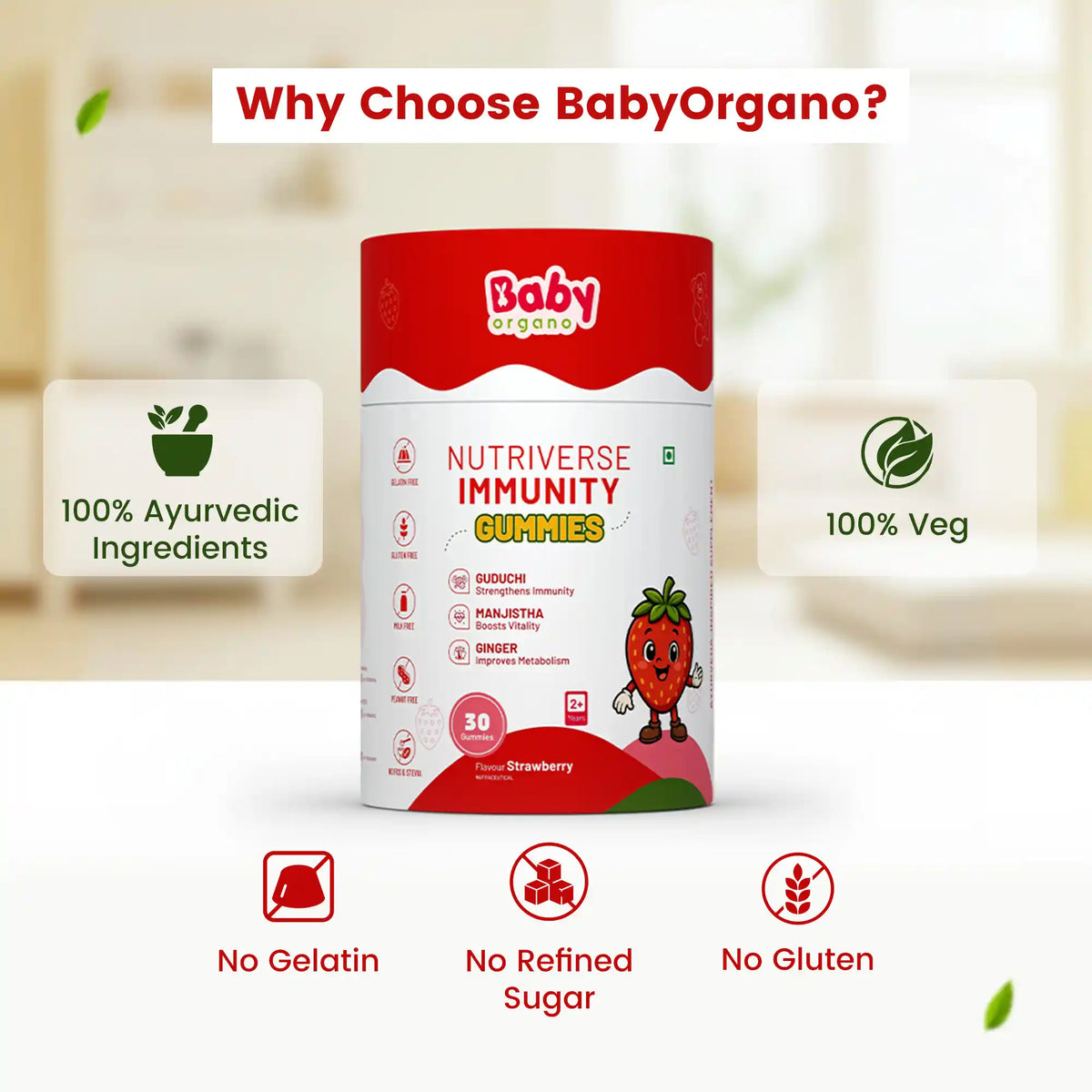 Bottle of BabyOrgano Nutriverse Immunity Gummies displaying key benefits: 100% Ayurvedic ingredients (Guduchi, Manjistha, Ginger), 100% Veg, No Gelatin, and No Glute| #flavour_strawberry