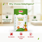 Bottle of BabyOrgano Nutriverse Immunity Gummies displaying key benefits: 100% Ayurvedic ingredients (Guduchi, Manjistha, Ginger), 100% Veg, No Gelatin, and No Glute | #flavour_pineapple