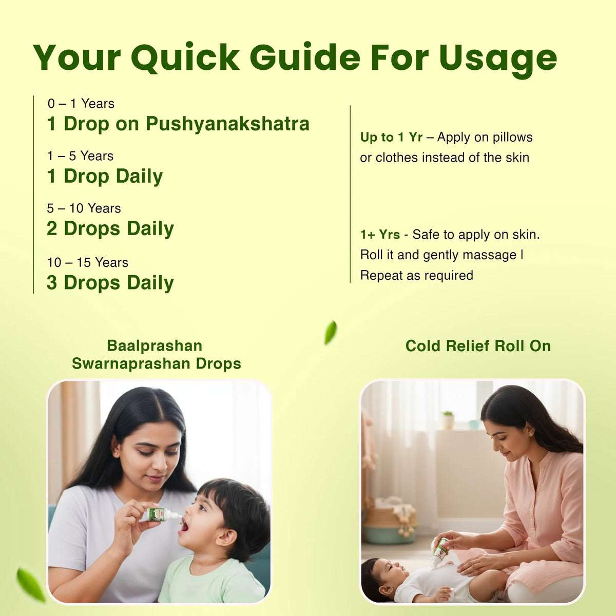 BabyOrgano cold and immunity combo usage guide - Swarnaprashan drops and cold relief roll-on for kids 0 to 15 years