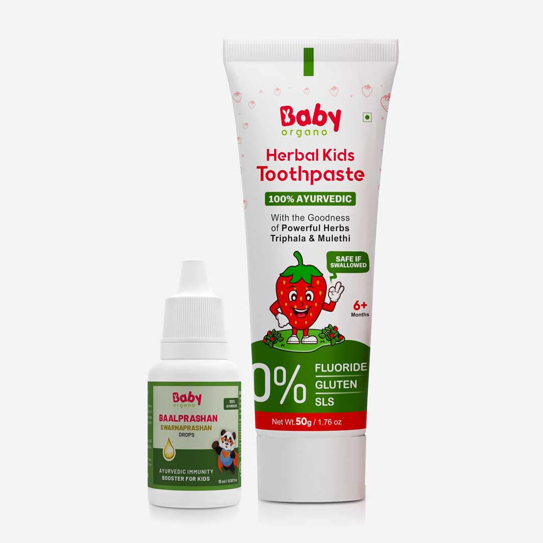 BabyOrgano Kid's Immunity & Oral Care Combo | Morning Care Combo for Kids |Swarnaprashan Drops (15ml) + Herbal Kids Toothpaste (50g)