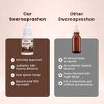 Comparison chart between BabyOrgano Swarnaprashan and other brands highlighting pure ingredients vs chemicals.