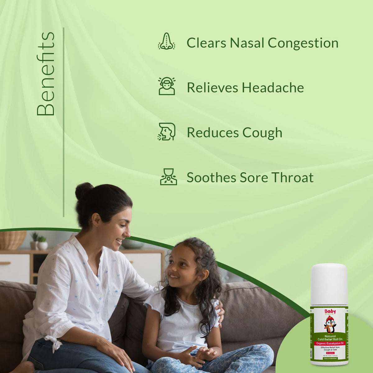 Natural Cold Relief Roll On benefits for babies: clears nasal congestion, reduces cough, headache relief, soothes sore throat