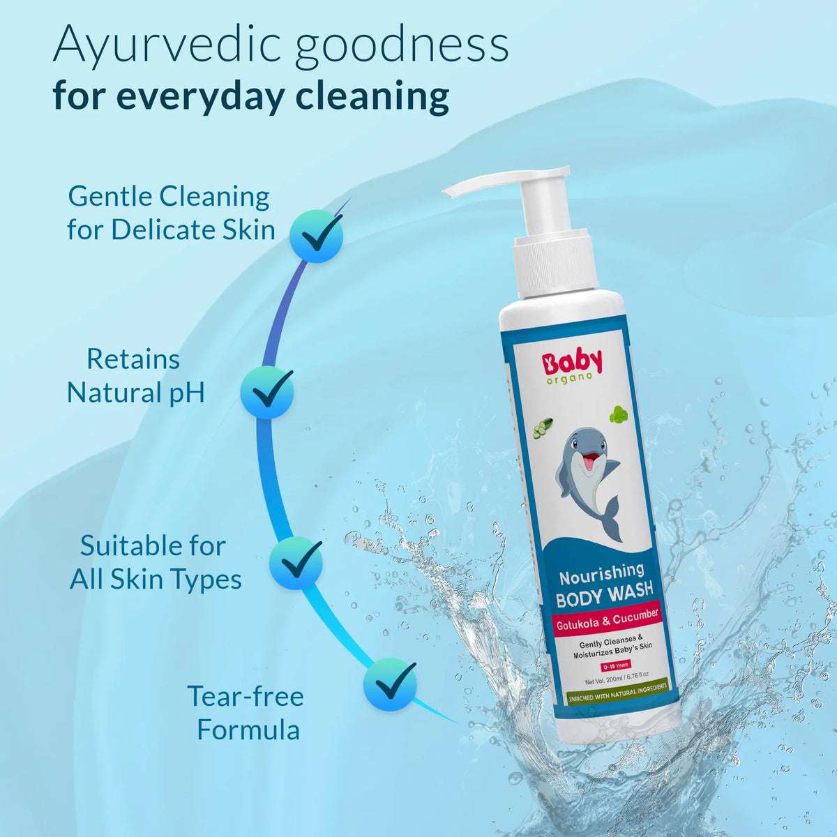 Gentle Ayurvedic baby body wash with tear-free formula, retains natural pH and suits all skin types for daily use