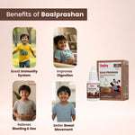 Infographic showing benefits of swarnaprashan: Boost Immunity System, Improved Digestion, Relieves Bloating and Gas, and better bowel movement in children.