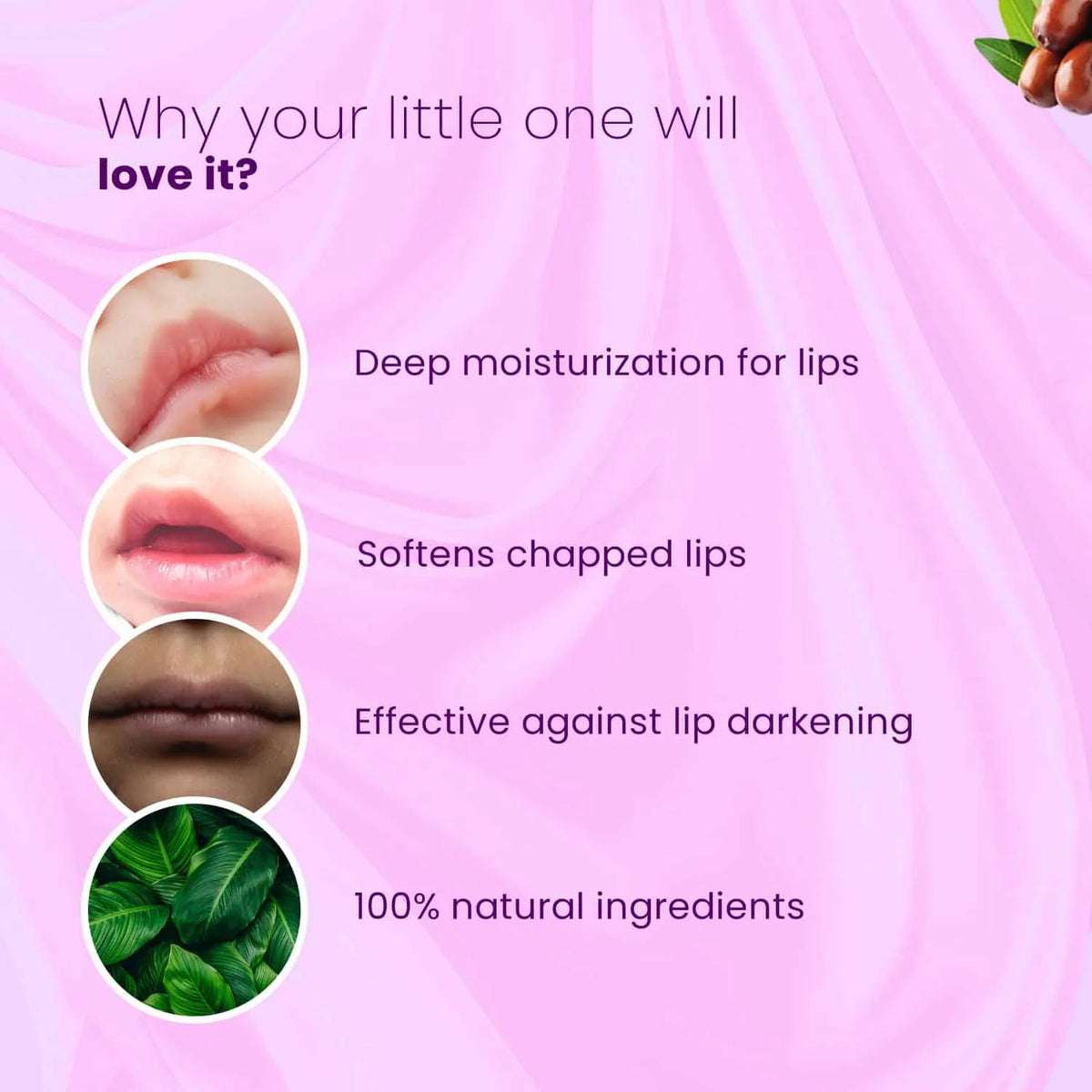 Natural lip balm for kids and babies – softens chapped lips, moisturizes deeply, prevents darkening, 100% natural | #flavour_strawberry