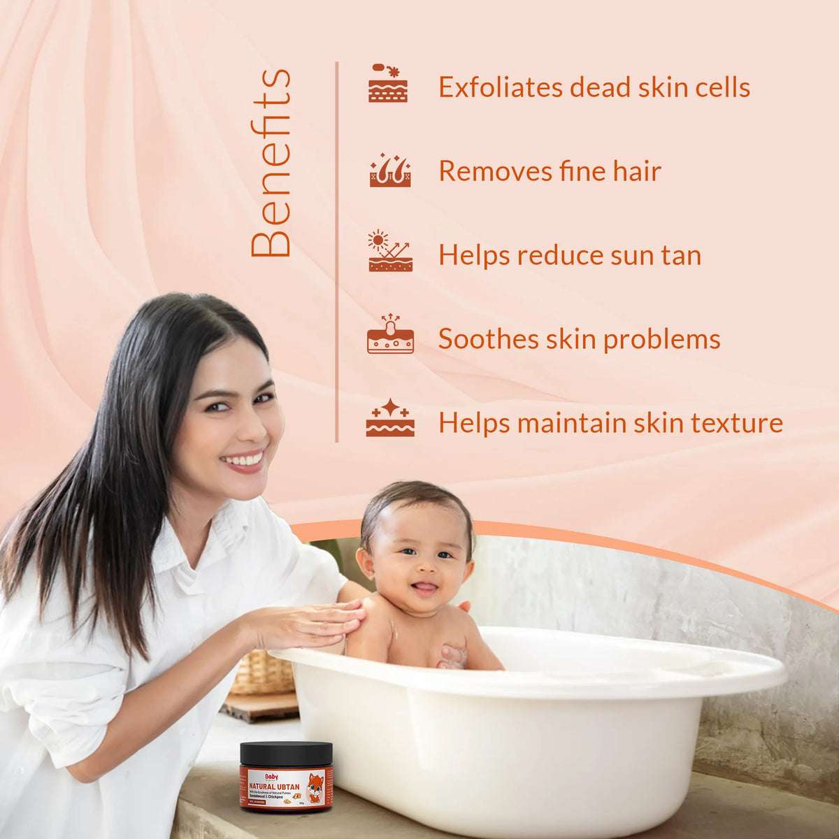 Natural Ubtan benefits exfoliating dead skin, removing fine hair, reducing suntan, soothing skin problems, and maintaining healthy skin texture.
