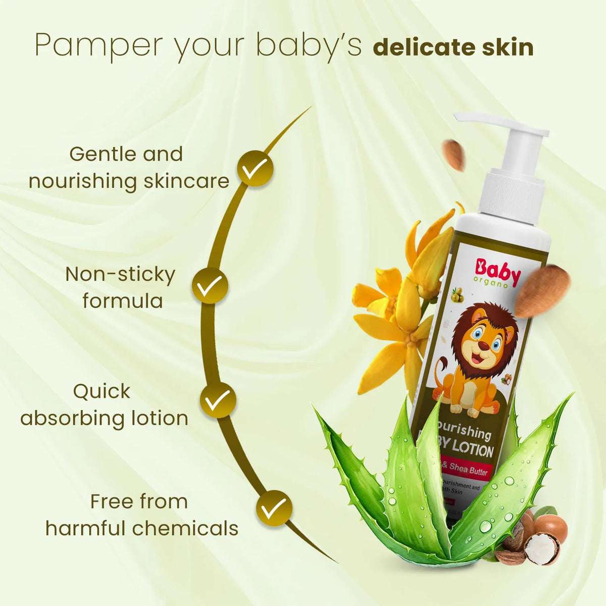 BabyOrgano body lotion with wheatgerm and ylang ylang oil, natural & ayurvedic for soft, smooth skin in babies and kids.