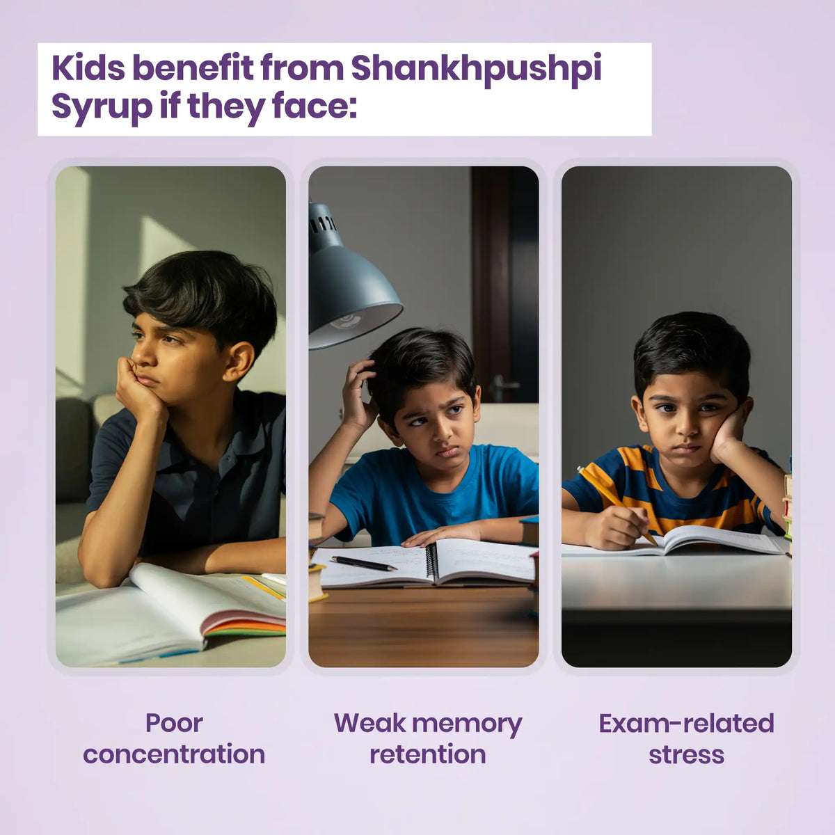 Benefits of Shankhpushpi syrup for kids – improves focus, eases stress, supports brain health, and reduces mental fatigue.