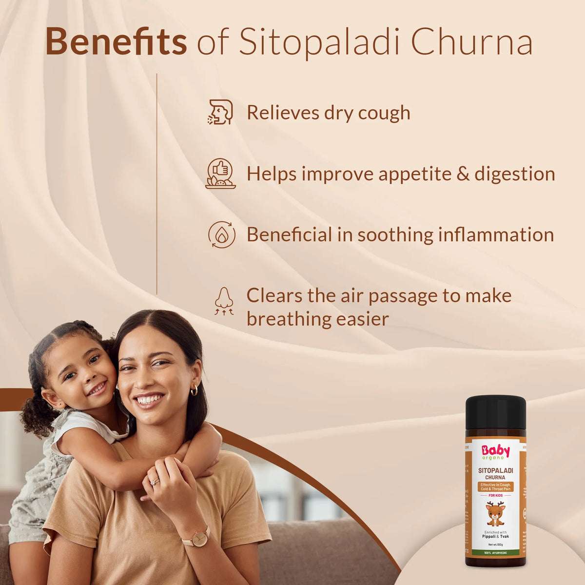 Benefits of BabyOrgano Sitopaladi Churna – relieves dry cough, improves digestion, soothes inflammation, supports easy breathing