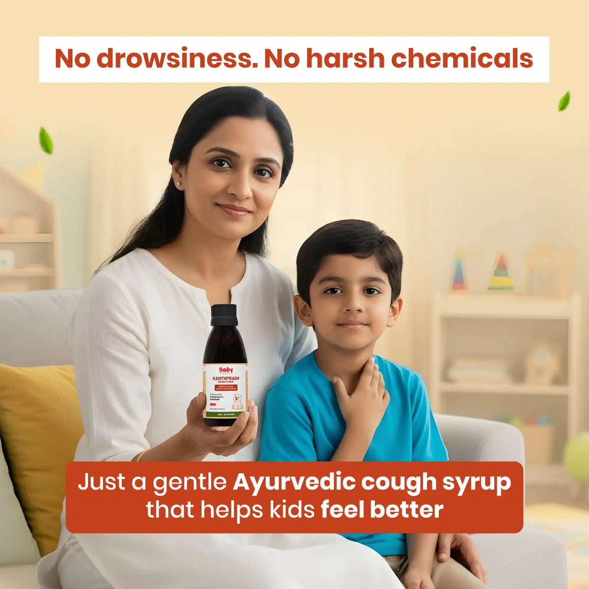 Mother and child holding BabyOrgano Kanthprash Ayurvedic cough syrup – safe and effective dry cough syrup for kids.