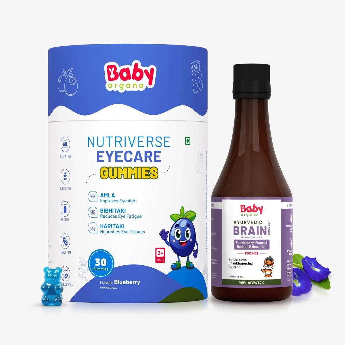 Brain Booster & Eye Care Combo for Kids | Nutriverse Eye Care Gummies Nutriverse (30 Gummies/Pack) + Shankhpushpi Syrup