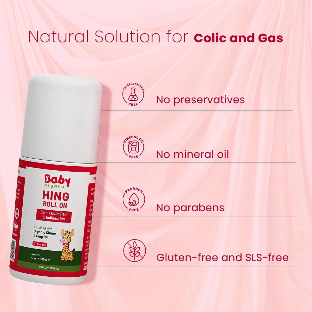 Natural solution for colic and gas with Hing Tummy Roll On – no preservative, no mineral oil, no paraben, gluten and SLS-free
