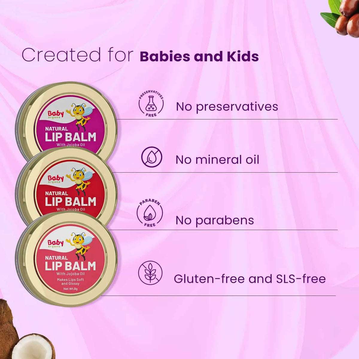 Chemical free lip balm for kids and babies – no preservatives, mineral oil, parabens, gluten, or SLS; gentle and safe formula