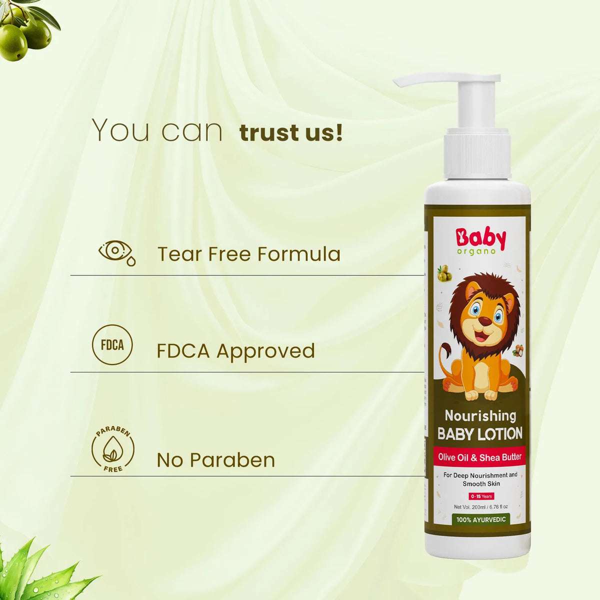 BabyOrgano chemical-free baby lotion – tear-free, paraben-free, FDCA approved, safe for daily use on babies and kids skin
