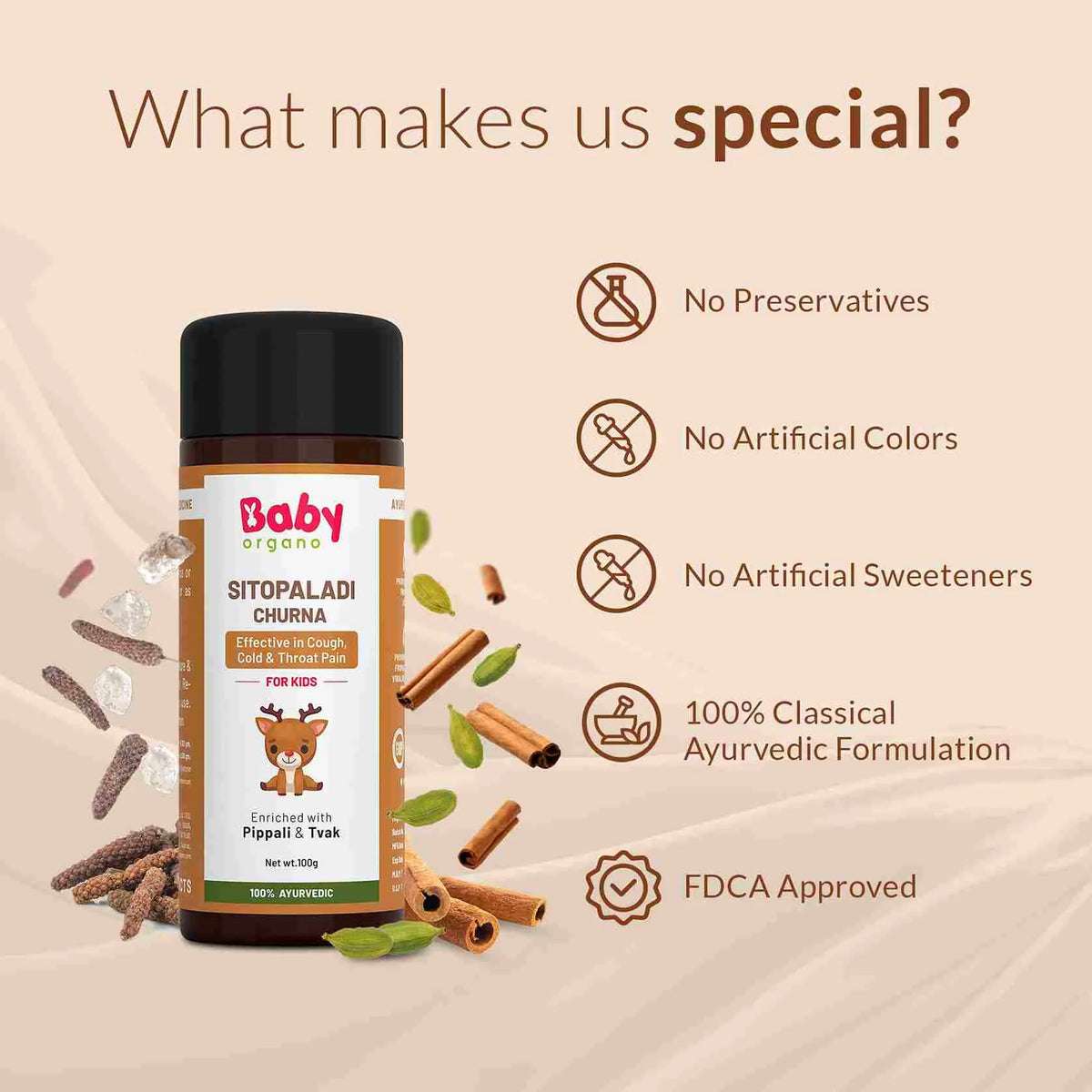 Sitopaladi Churna – no preservatives, artificial colors or sweeteners, 100% classical Ayurvedic, FDCA approved